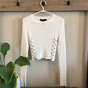 Off White Ribbed Knit Long Sleeve Crop Top